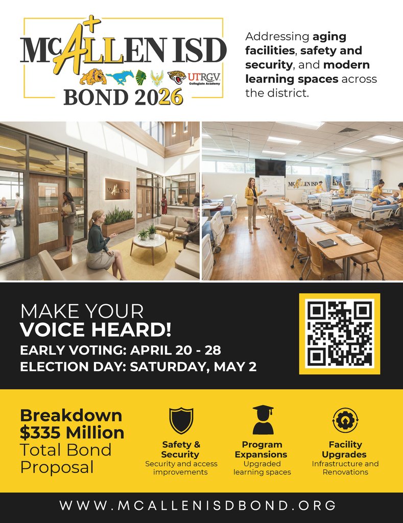 Rockets120's tweet photo. Stay informed about the future of McAllen ISD. Visit our official Bond website to learn about proposed projects, campus improvements, and what this means for our students and community. 
Visit: https://t.co/ucc0SUrmYf
Early Voting: April 20-28
Election Day: Saturday, May 2 https://t.co/agfm0GAMZ9