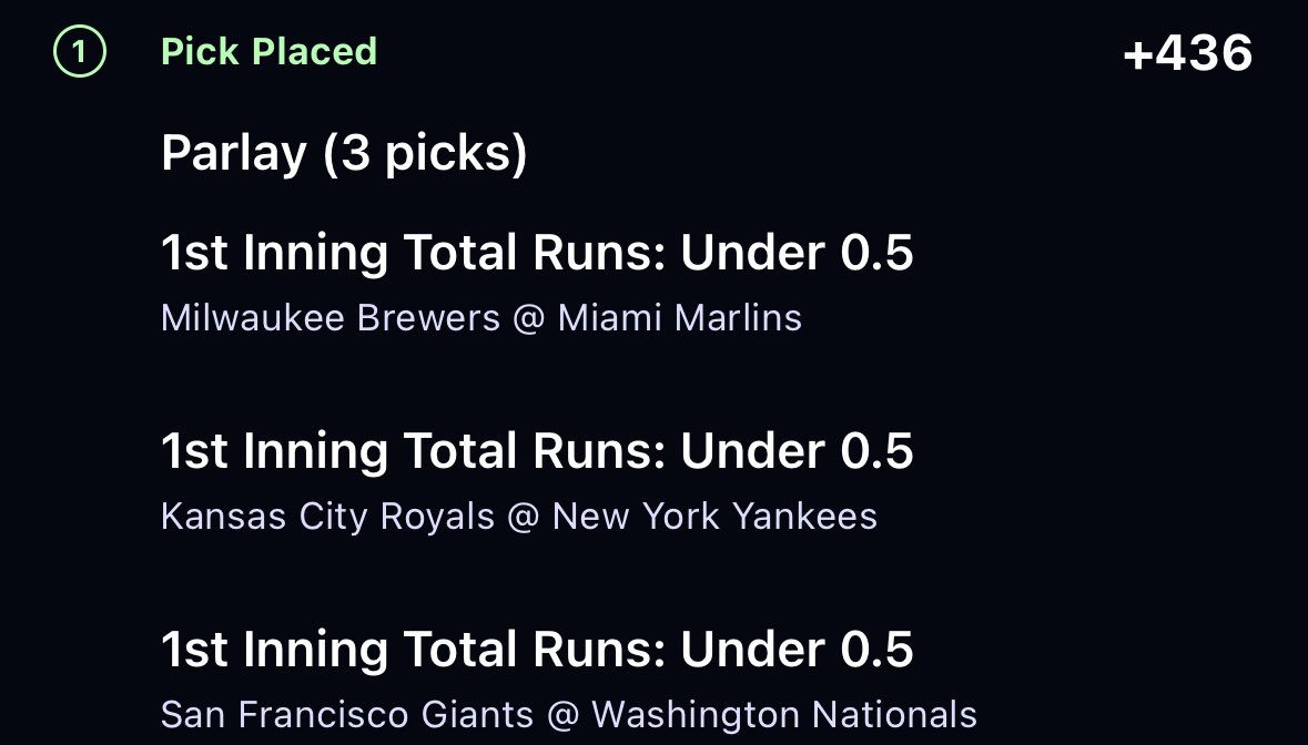 🚨🚨PLAY WAS SENT TO 500+ ppl and it absolutely SMACKED!!!🔥🔥🔥

Safe to say I’m the NRFI KING!!

This is not a muthafucking drill!!!

MIL/MIA NRFI✅
KC/NYY NRFI✅
SF/WAS NRFI✅

Who cashed with me!?!??