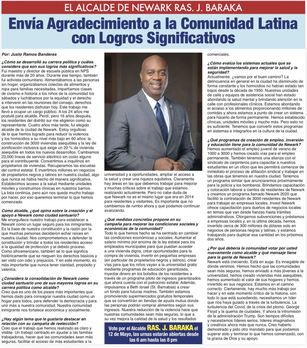 As Deputy Mayor working alongside Mayor Ras J. Baraka, I want to reaffirm our shared commitment to every resident of Newark including and especially our Latino neighbors. Together we will continue fighting for opportunity, equity, and safety across our city. #VoteMay12