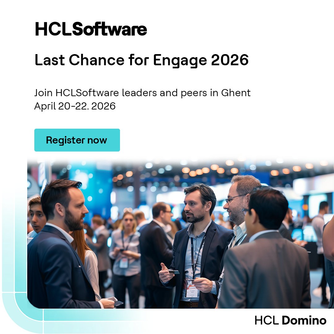 HCLDigital's tweet image. Join HCLSoftware leaders, customers, and partners in Ghent this April. We are sharing roadmap updates and hosting expert sessions.

Registration is closing soon. So secure your place now: hclsw.co/08eip6

#Engage2026 #HCLSoftware #Networking #TechEvents