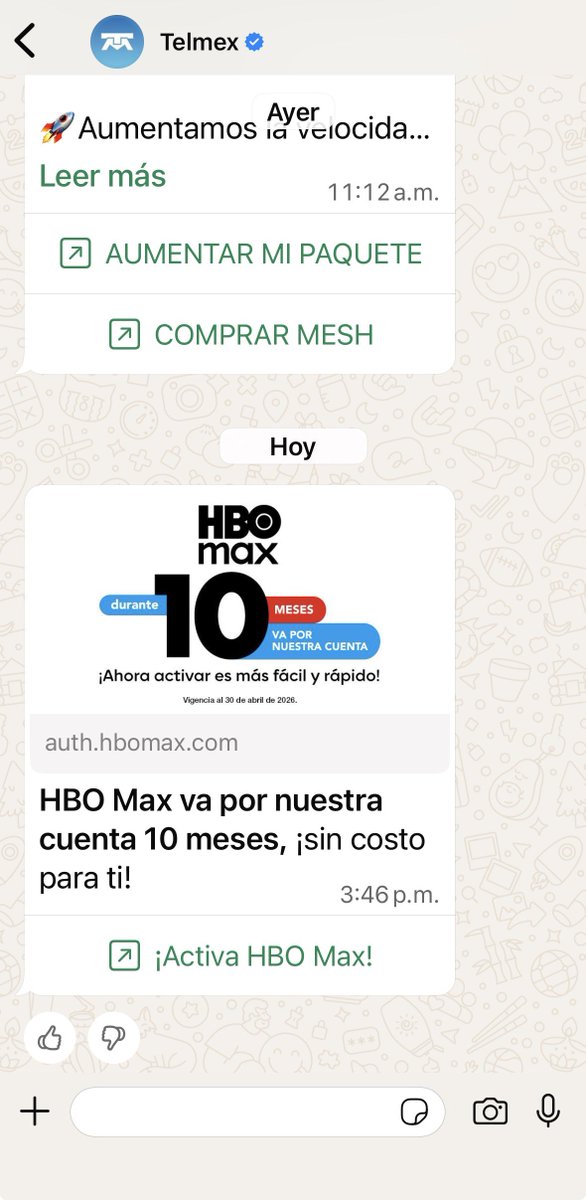 Oye <a href="/TELMEXSoluciona/">Telmex Soluciona</a> en serio no es necesario que todos los días me llenes el WhatsApp con spam de HBO y recordándome el aumento de velocidad. De cuates. Todos los días recibo al menos 3 mensajes no solicitados de publicidad tuya.