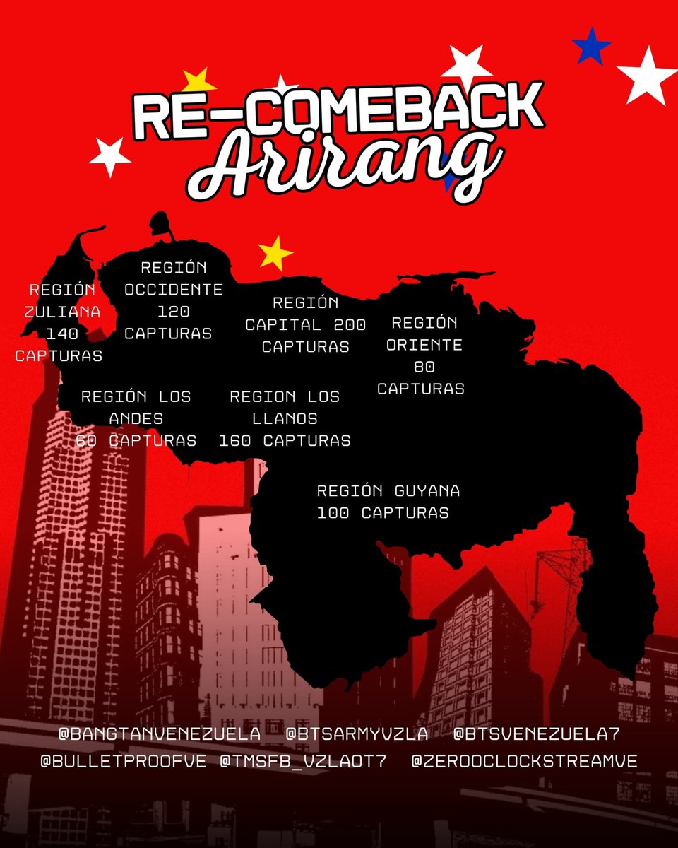¡Llegó el momento! 🇻🇪💜

El RE-COMEBACK Arirang arranca con todo, prepárate para el stream masivo desde el 17 al 19 de abril

¡Demostremos que Venezuela es territorio BTS!

#BTS #ARMYVenezuela  #RECOMEBACK_ARIRANG #BTS_ARIRANG #방탄소년단