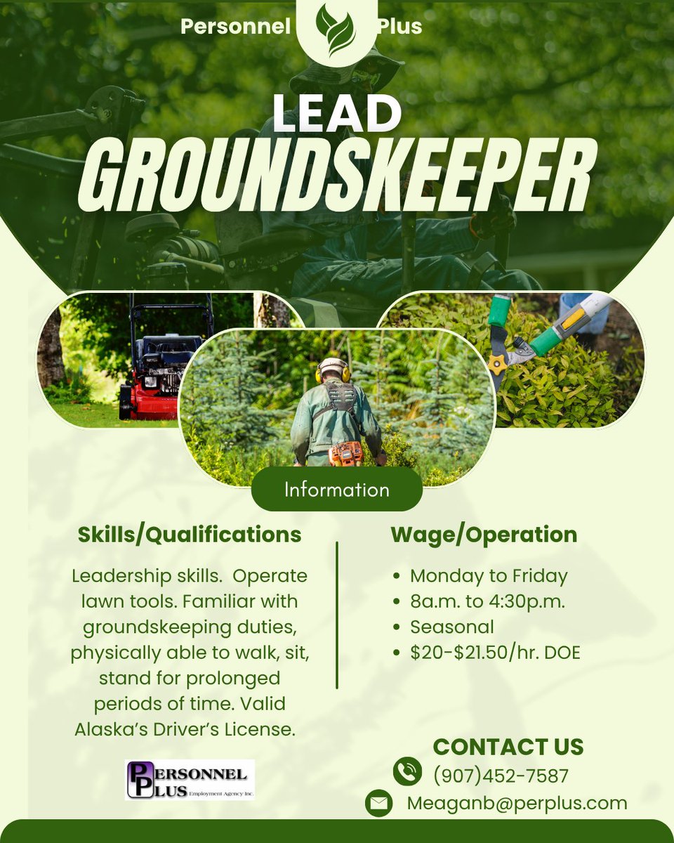 perplus99709's tweet photo. Looking for Lead Groundskeeper, give us a call at (907)452-7587. https://t.co/6ZczoMmxgM