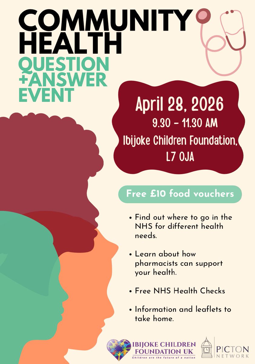ibijoke_cf's tweet photo. 📣 Community Health Q+A Event

Hosted by Picton Network

📅 28 April 2026
🕤 9:30–11:30 AM
📍 Ibijoke Children Foundation UK, Liverpool L7 0JA

Ask questions &amp; learn about community health in a friendly space.

🍽️ Free £10 food vouchers for attendees

Everyone welcome! https://t.co/MXT6QEUzql