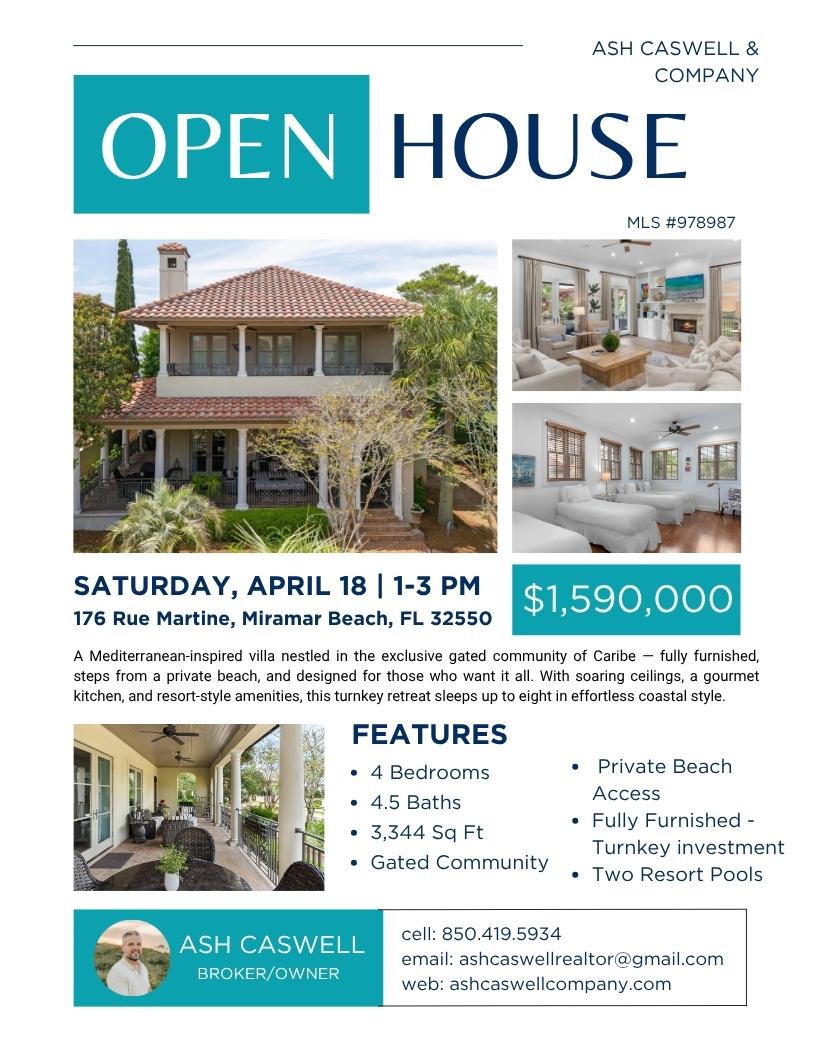ashcaswellco's tweet image. 🏡 OPEN HOUSE TOMORROW — 176 Rue Martine, Miramar Beach | Sat April 18, 1–3 PM | $1,590,000 | 4BR/4.5BA Mediterranean villa, private beach access, fully furnished. DM to schedule! #OpenHouse #MiramarBeach #GulfCoastRealEstate