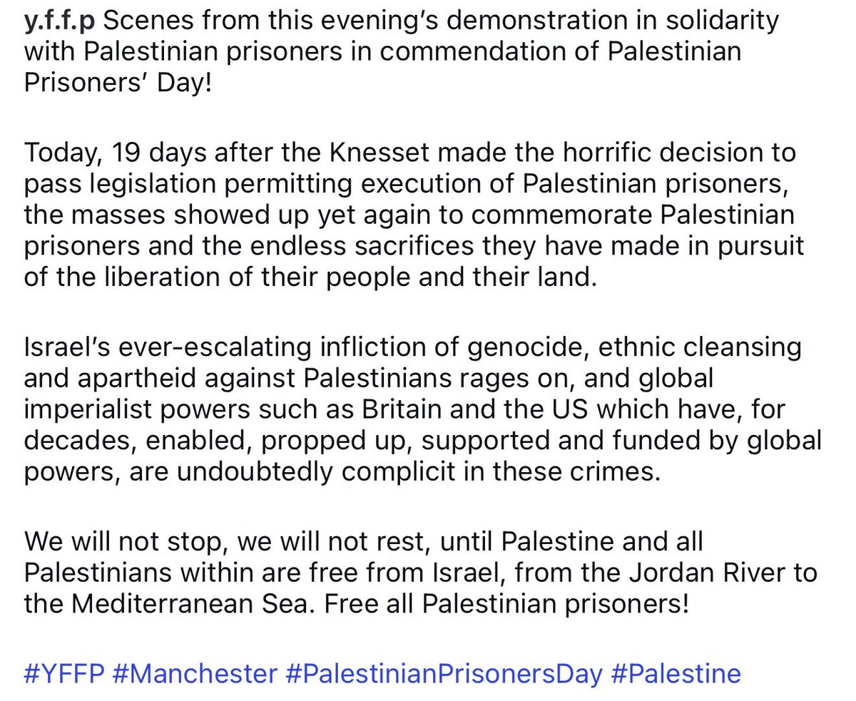 _YFFP_'s tweet image. Scenes from this evening’s demonstration in solidarity with Palestinian prisoners in commendation of Palestinian Prisoners’ Day! @GMF_Palestine @ManPalestine #YFFP #Manchester #PalestinianPrisonersDay #Palestine