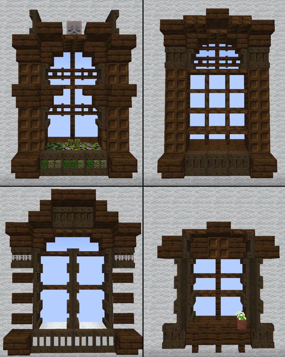 《ダークオークの窓枠装飾案 4種》
Dark Oak Window Frame Decoration Ideas
大きめのお屋敷等におすすめです！
アイデア投稿中⇒#マイクラ建築ストック
ーーーーーーーーーーーーーーーーー
  #Minecraft #Minecraftbuilds #外装