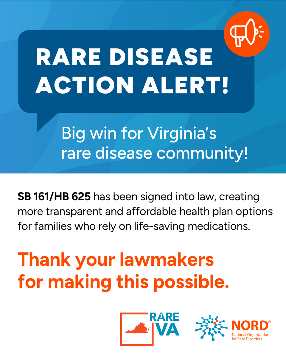RareDiseases's tweet image. #Virginia just took a meaningful step forward for the #RareDisease community!

With the signing of SB161/HB625 into law, #HealthInsurance plans must now offer options that cap prescription drug costs at $150–$300 for a 30-day supply—a critical measure for patients with complex