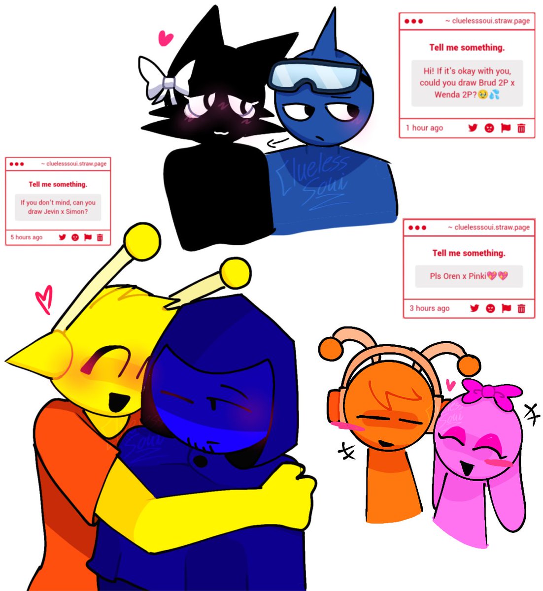 CluelessSoui's tweet photo. Jevin x Simon, 2p Brud x 2p Wenda, Oren x Pinki, Raddy x Pinki
β #sprunki #sprunkifandom #sprunkifanart #sprunki2p #sprunkiart #sprunkijevin #sprunkisimon #sprunkiwenda #sprunkibrud #sprunkioren #sprunkipinki #sprunkiraddy #sprunkiships #fanart #art #idk https://t.co/v0sHiFs5aT
