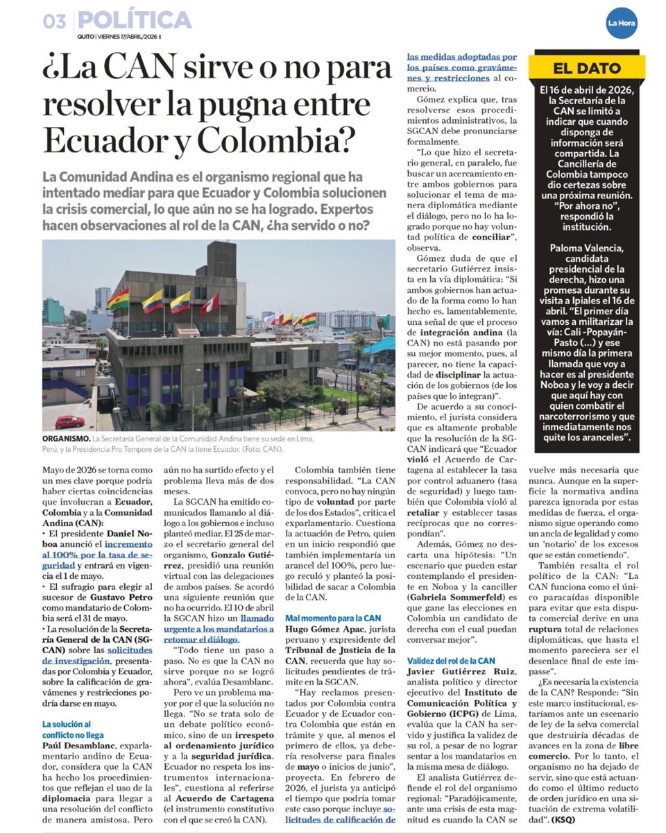 InstitutoICPG's tweet photo. ¿Sirve la CAN para resolver el conflicto entre Ecuador y Colombia? 
En entrevista para La Hora de Ecuador, nuestro director ejecutivo Javier Gutiérrez analiza si la Comunidad Andina ha cumplido su rol mediador.  

Lee la nota completa aquí 🔗 https://t.co/MnWWOADI2T https://t.co/6yd939VuUY
