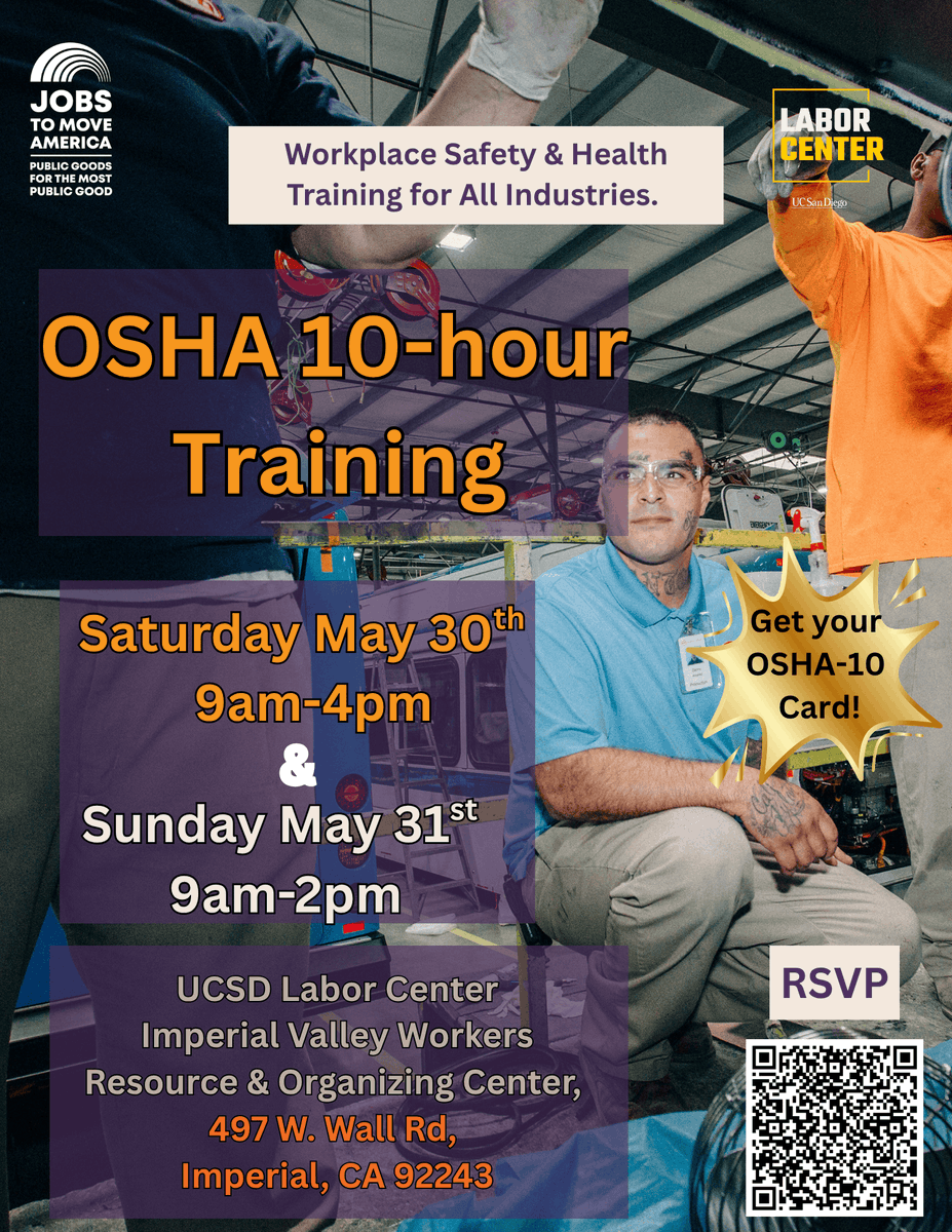 JobsMoveAmerica's tweet photo. ⚠️  Join JMA &amp; the UC San Diego Labor Center on 5/30-31 to learn how to recognize, avoid, and prevent safety hazards in your workplace. Complete this training and receive your OSHA 10-hour card!

RSVP: https://t.co/xZ8wtkJTuW 

#Imperialvalley #OSHAtraining #OSHA10hour https://t.co/oKDIUHSC2R