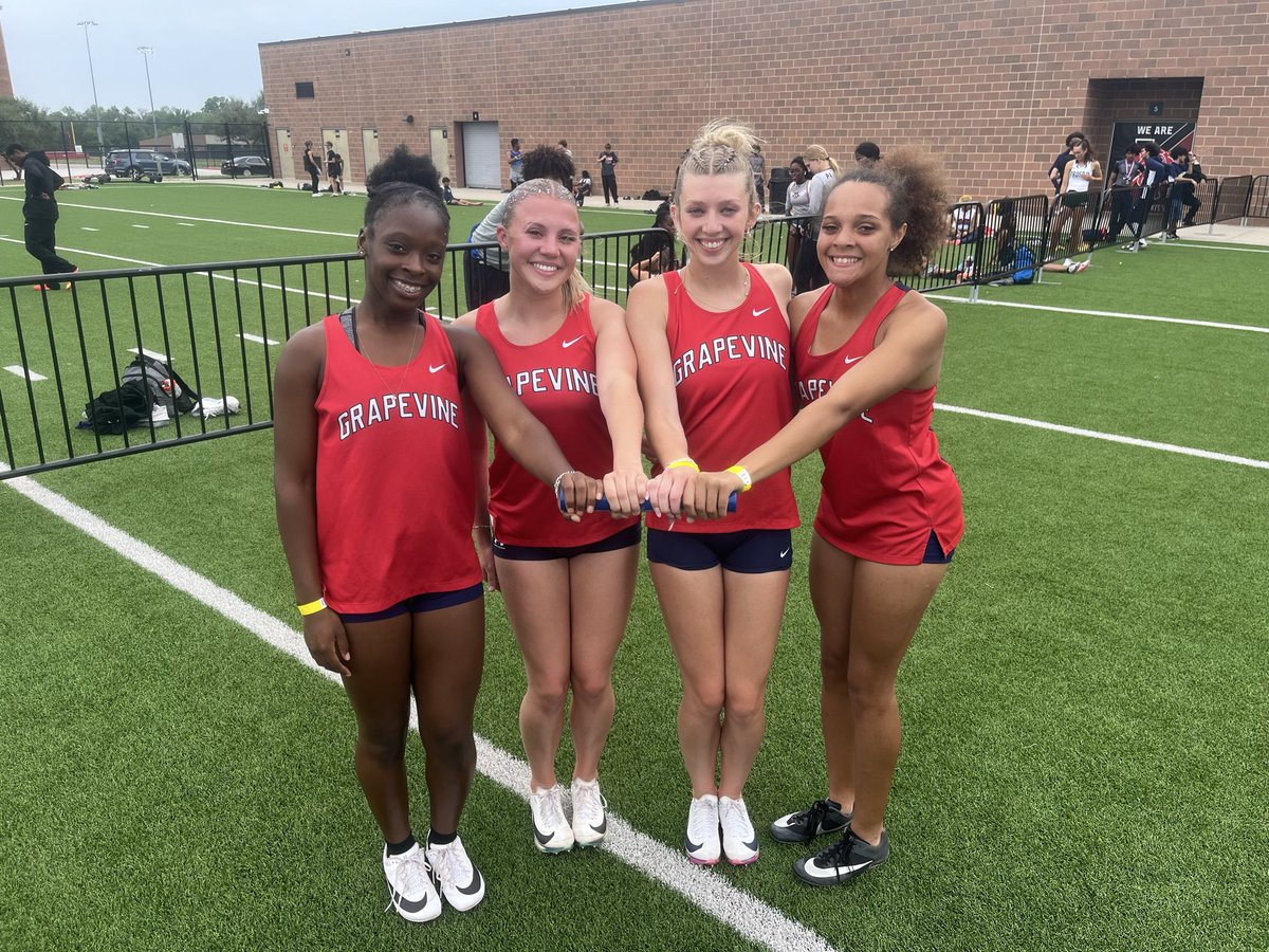 GrapevineTrack's tweet photo. Girls 4x200 with a legendary response. 4th place and headed to Lubbock. 

Jada Randolph, Brennan Germany, Ella Davidson, and Ajahna Wyatt. https://t.co/bfvLVisObr