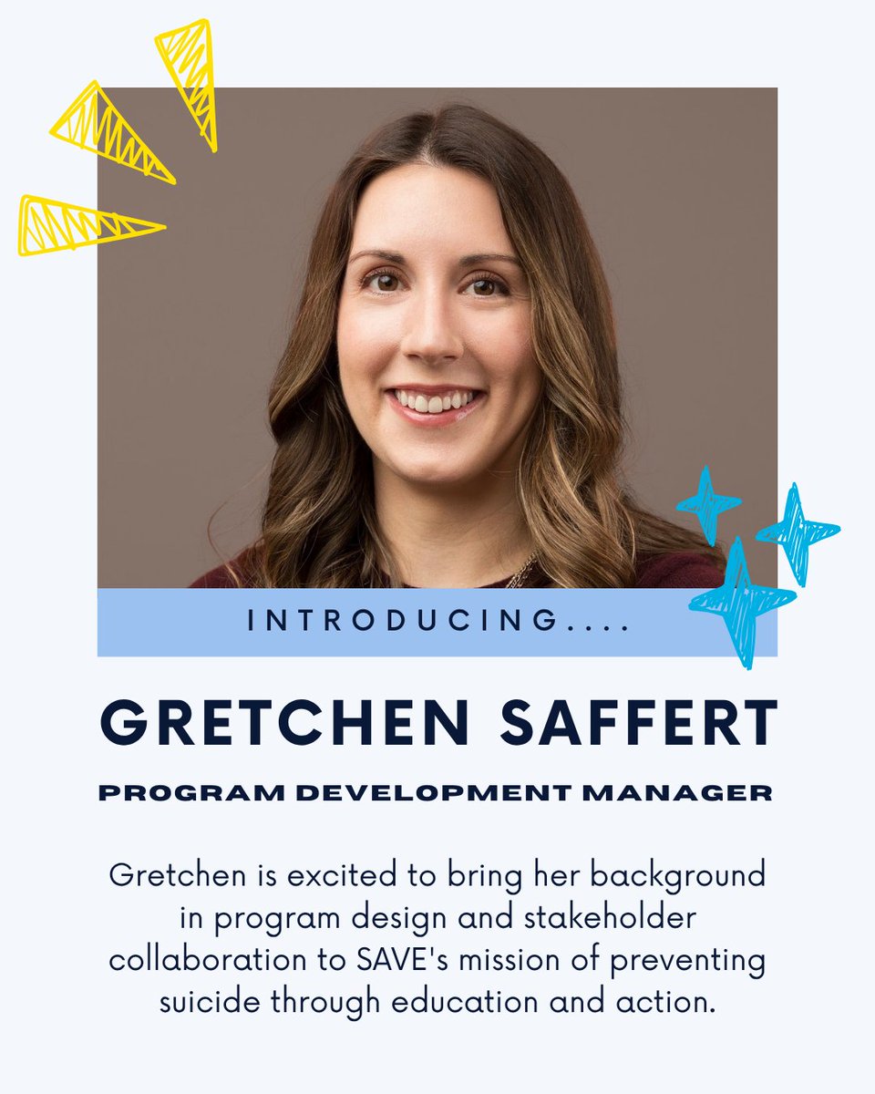 SAVEvoicesofedu's tweet image. Welcome Gretchen 🌟 

With a deep commitment to evidence-based learning, mental health advocacy, and building systems that help people thrive, Gretchen is excited to bring her background to SAVE's mission of preventing suicide through education and action. #SAVE