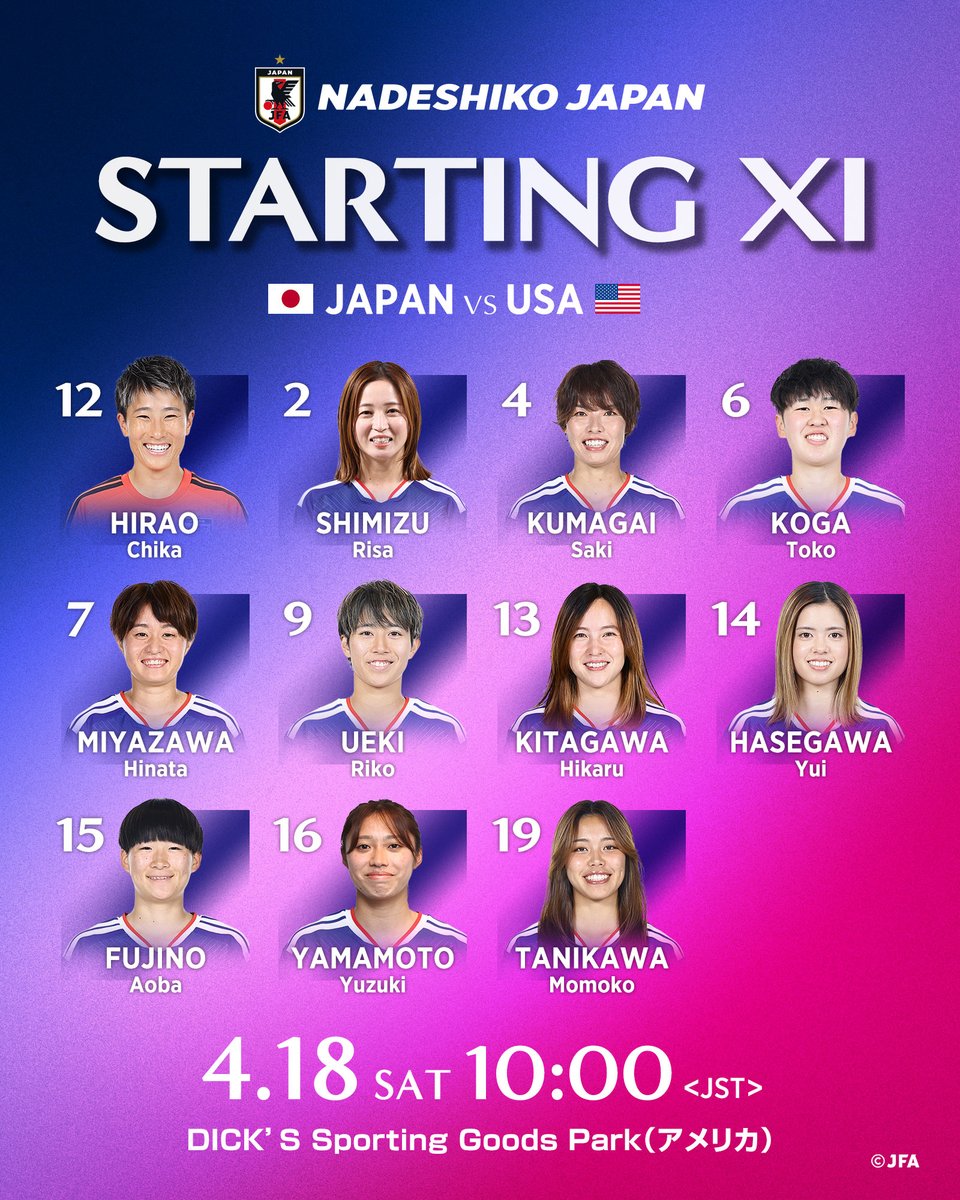 🔹なでしこジャパン🔹 📝LINE-UP📝 🆚アメリカ女子代表🇺🇸 12 平尾
