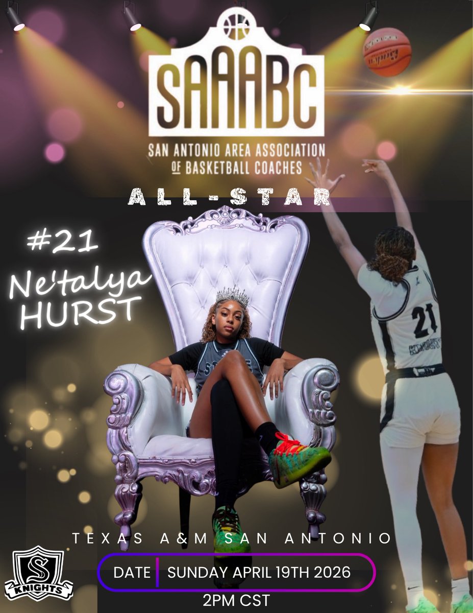 slkgbb's tweet photo. Please join us this Sunday (April 19) at 2PM to see our very own Ne’Talya Hurst in ANOTHER All-Star Game. This one hosted by the San Antonio Area Association of Basketball Coaches at Texas A&amp;M SA

Another opportunity to see her represent Cibolo before going off to Louisiana! https://t.co/TsGaUph38T