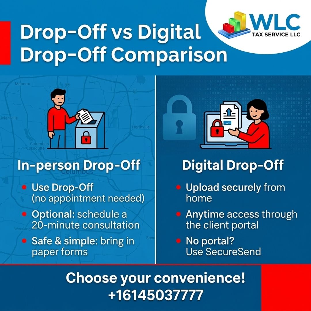WLCTaxSrvicellc's tweet photo. Want stress-free filing—use Drop-Off (no appointment needed) or ask for Digital Drop-Off and upload from home at WLC Tax Service LLC. #DropOffTaxes #DigitalDropOff #TaxPrep #SecureUpload #ColumbusOhio #SmallBusinessTaxes #EFile https://t.co/4fNSihGwuj