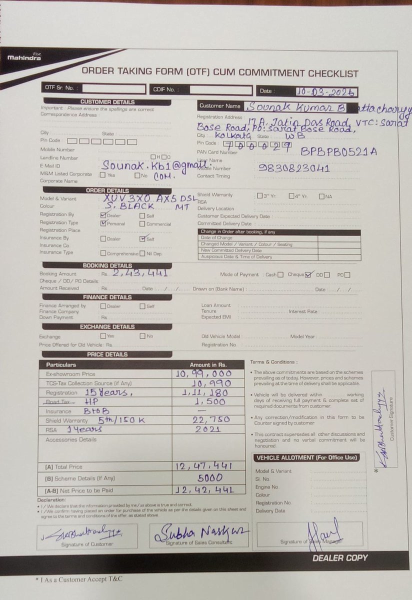 itsmesounakb's tweet photo. Booked XUV 3XO AX5 Diesel MT on 10 Mar (₹2.43L paid as booking amount, ID: B12296235) with Saini Mahindra, Kolkata — promised delivery in 30 days.

After repeated follow-ups:
• No update provided by dealer when they were not able to procure the car from Mahindra by 31st March 2026
• Still not billed on 8 Apr 2026 ( dealership did not bother to inform )
• Now asked to pay ₹27–28K extra due to price hike in April 2026

Why should I bear costs for delays not caused by me?

Dealer claims Mahindra did not allocate any car & offers no transparency or proof of follow-ups.

Mailed to Mahindra Customer care for the same on 15th April 2026 and even they are inactive ever since without providing any resolution. 

Requesting:
• Price protection (as per booking date) & exception in case delay has been from company's side. 
• Clear delivery timeline
• Accountability

@MahindraRise @anandmahindra is this how a customer who consciously chose to support an Indian brand is treated in Mahindra ? 
@jagograhakjago , @consaff - hoping for fair resolution
