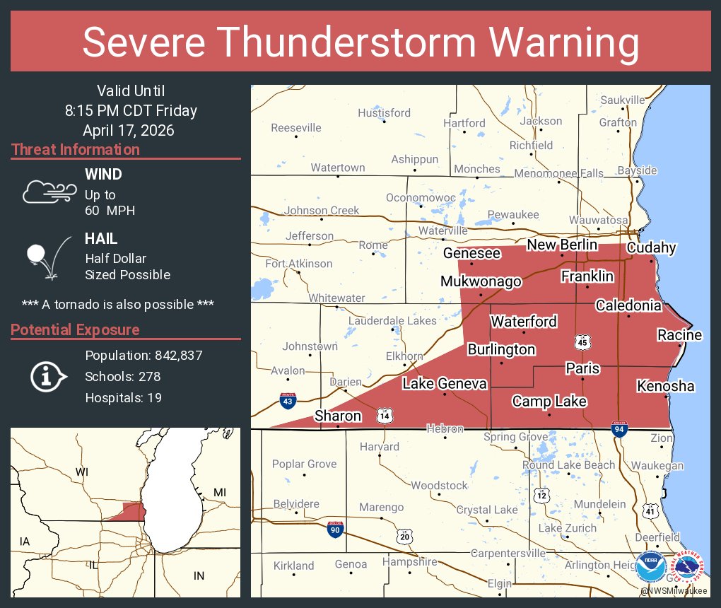 Severe Thunderstorm Warning including Kenosha WI, Racine WI and New ...