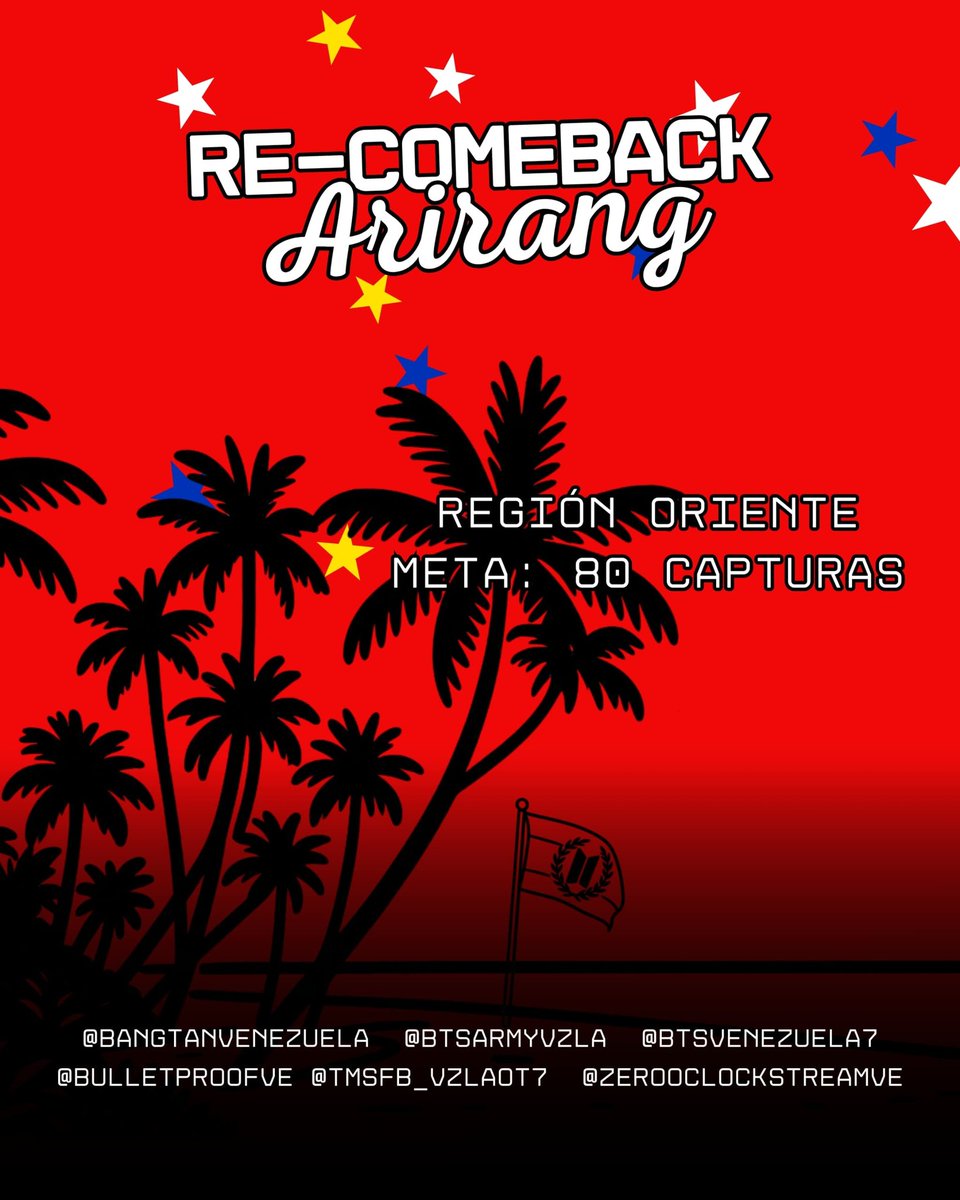 RECOMEBACK ARIRANG 💢

Segunda meta del recorrido por Venezuela 🇻🇪

REGIÓN ORIENTE 💜 Vamos ARMY! En la unión está la fuerza 

#ARMYVenezuela  #RECOMEBACK_ARIRANG #BTS_ARIRANG #방탄소년단