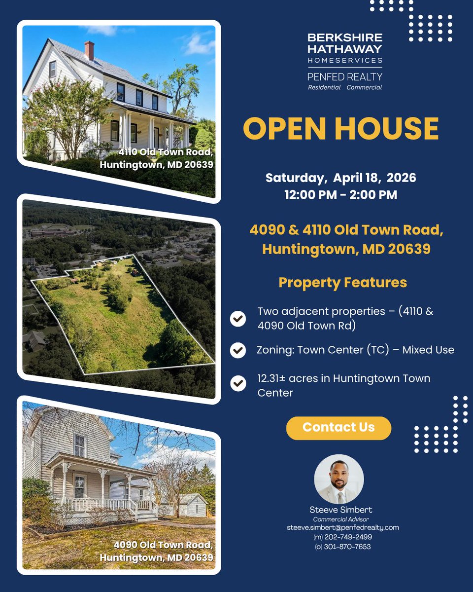 steevesimbert's tweet image. Open House – Huntingtown  Mixed-Use

12.31± acres • TC zoning • 2 parcels • Redevelopment potential📍 4090 &amp;amp; 4110 Old Town Rd, MD

🗓 Apr 18 | ⏰ 12–2 PM
#CRE #MixedUse #MarylandRealEstate #OpenHouse