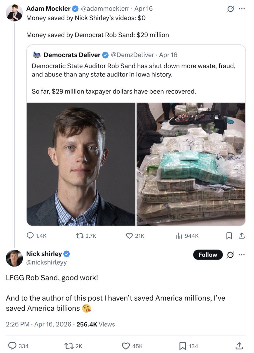 PollTracker2024's tweet image. Conservative influencer Nick Shirley praises Democratic candidate for Iowa Governor Rob Sand.