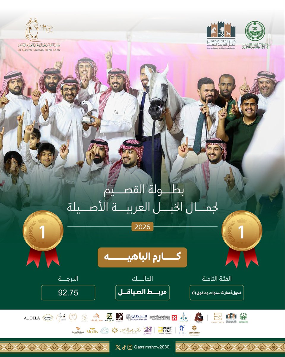 Qassimshow2030's tweet photo. كارم الباهيه
الأول في الفئة الثامنة بين فحول أعمار 4 سنوات وما فوق (أ) 

في ثاني أيام #بطولة_القصيم_لجمال_الخيل العربية الأصيلة. https://t.co/alraT9ujco