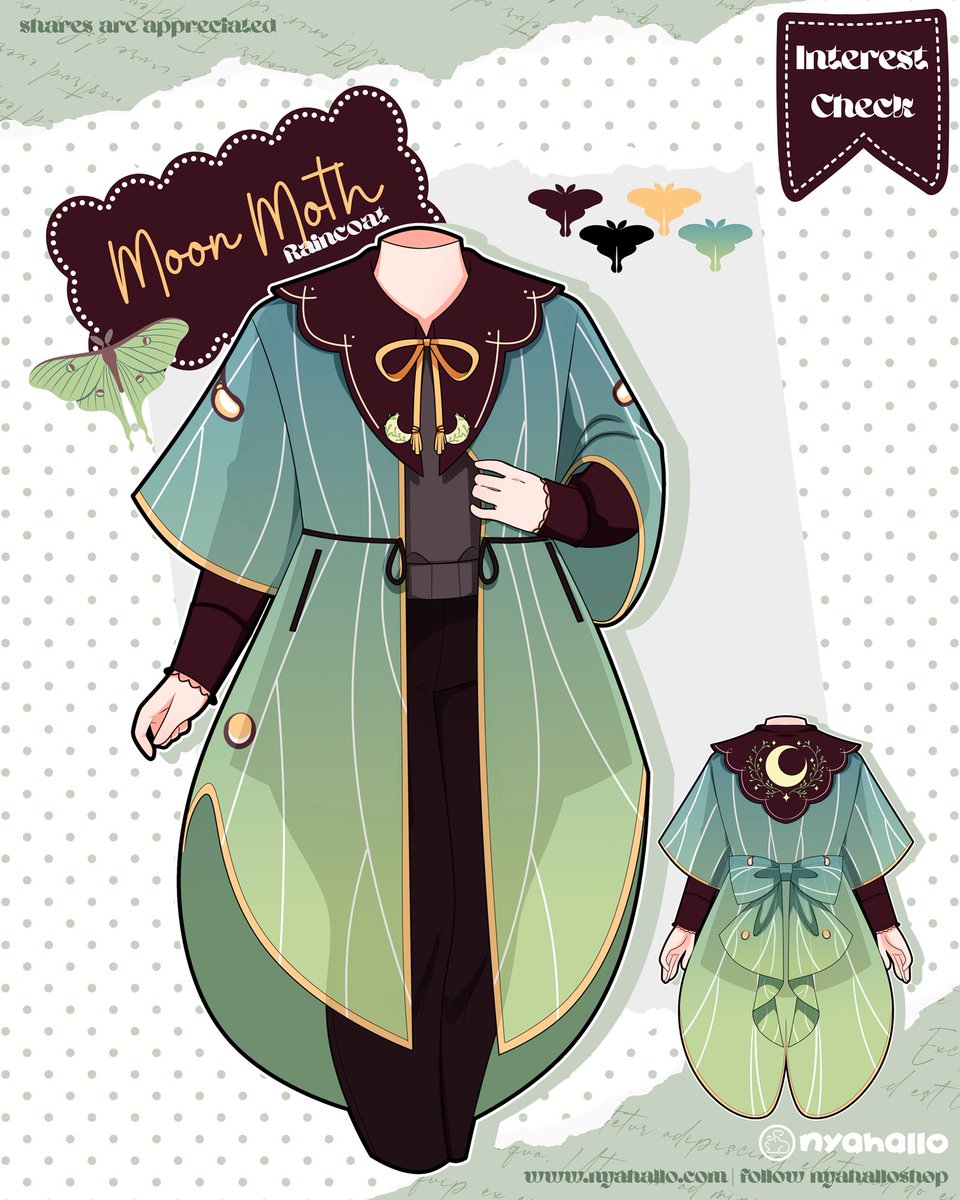 NyahalloShop's tweet photo. Collared moon moth raincoat, or maybe just an overcoat in general 🦋
Would you guys be interested in overcoats? https://t.co/d4e7p9W4X8