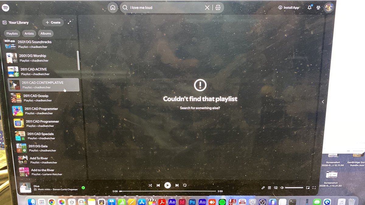 ChadKetcher's tweet photo. Dear @Spotify your app won’t work on my new MacBook (Tahoe) and now the web version won’t load my playlists or even settings. What’s the issue? https://t.co/2luAeSvmol
