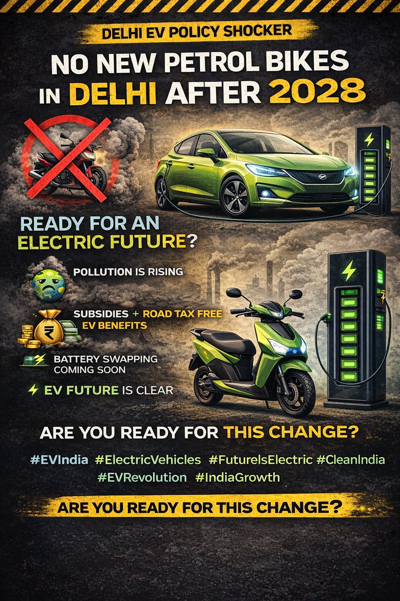 KhumanKunal's tweet photo. Delhi’s EV shift isn’t a ban. It’s a signal.
No new petrol 2-wheelers after 2028.
Your current bike? Safe.
Real reason: Pollution + future readiness.
This isn’t disruption. This is direction.
#DelhiEVPolicy #EVIndia #ElectricVehicles #FutureIsElectric #CleanEnergy #Delhi https://t.co/WgXaF1jUB6