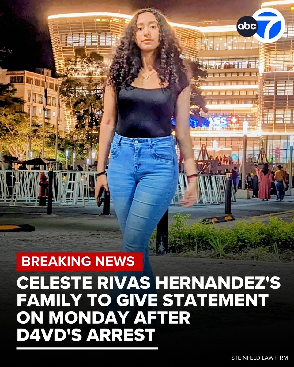 ABC7's tweet image. #BREAKINGNEWS: The family of Celeste Rivas Hernandez, the 14-year-old girl whose decomposing, dismembered body was found in singer D4vd's Tesla, will give a public statement on Monday.

It will be the first time we hear from them since D4vd's arrest. spr.ly/6011B6AbxT