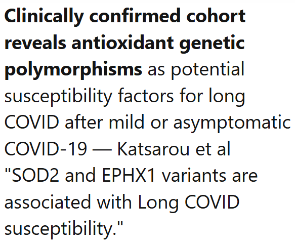 TomKindlon's tweet image. From Greece 🇬🇷

Clinically confirmed cohort reveals antioxidant genetic polymorphisms as potential susceptibility factors for long COVID after mild or asymptomatic COVID-19

sciencedirect.com/science/articl…

Screenshot from latest Science for ME weekly update

#LongCovid #COVID19