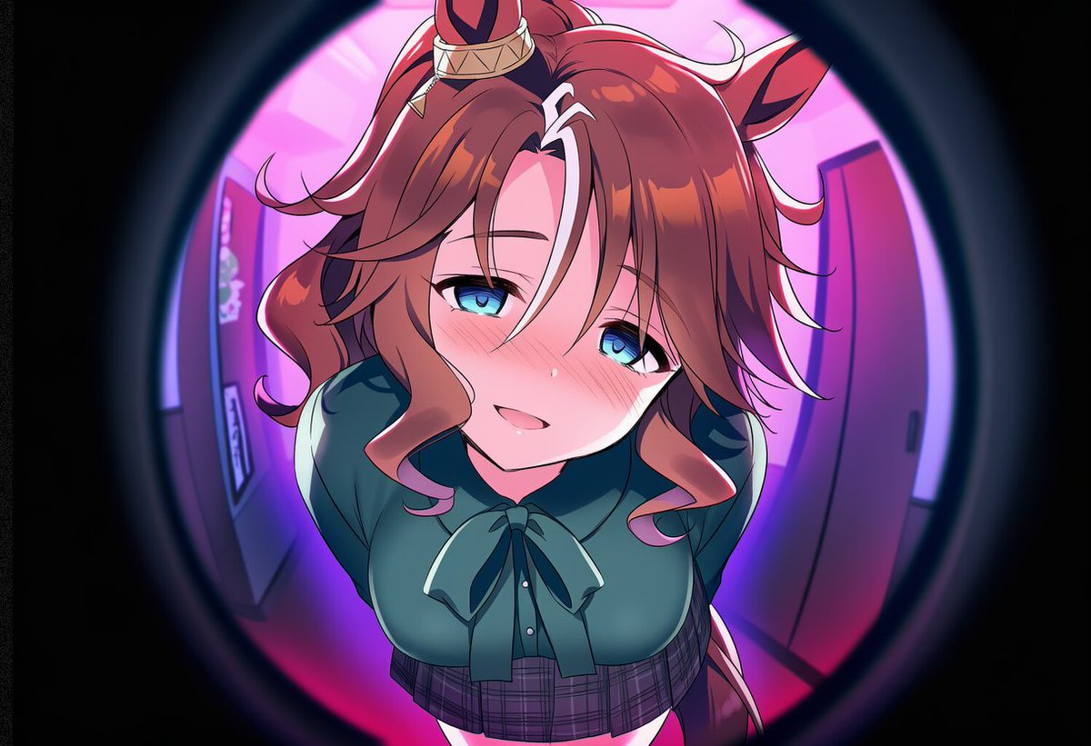 kaiwarebanana's tweet photo. |∀°)ｱｹﾃﾖ

1girl, solo, 2::fisheye::, pov peephole, 2::foreshortening::, 2::yandere::, crazy smile, parted lips, half closed eyes, nose blush, standing, 3::head tilt::, 2::leaning forward::, arms behind back, empty eyes, hallway, dark, red light, cowboy shot

|彡ｻｯ https://t.co/p9OQe0jQee