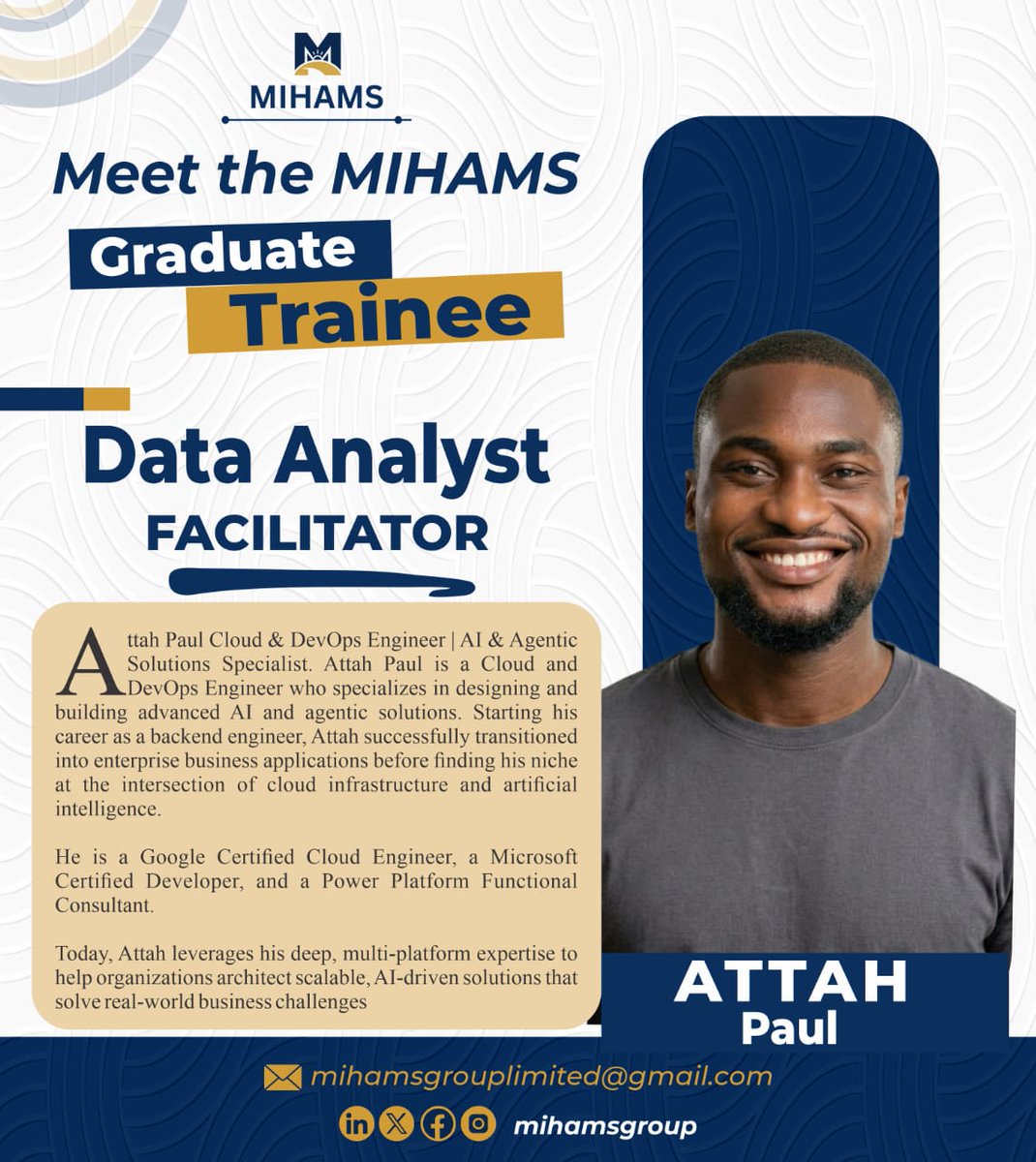 MihamsGroup_ltd's tweet image. Meet the facilitators behind the MIHAMS Graduate Trainee Program, dedicated to equipping graduates with practical skills, strategic insight, and industry-ready competence.   

#MIHAMS #GraduateTrainee #CareerDevelopment #SkillsDevelopment