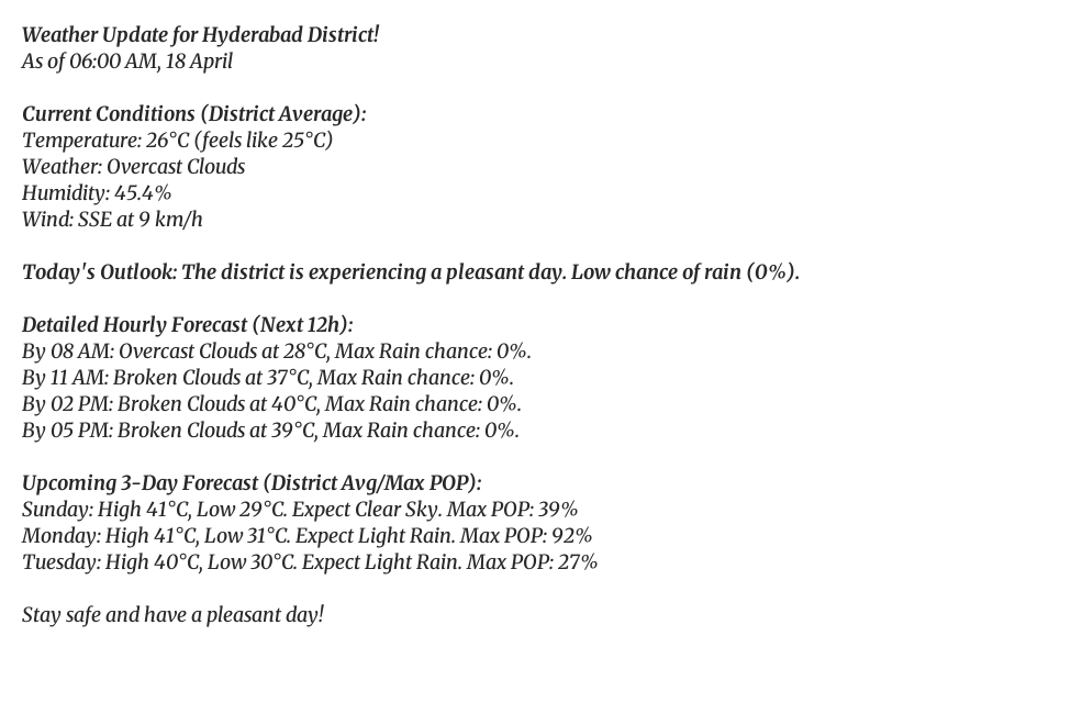 HyderbadWeather's tweet image. Good morning, Hyderabad! 👋
It's currently 26°C (feels like 25°C) with Overcast Clouds.
Tomorrow: Clear Sky, high of 41°C.
#Hyderabad #WeekendWeather #Cloudy #weatherupdate