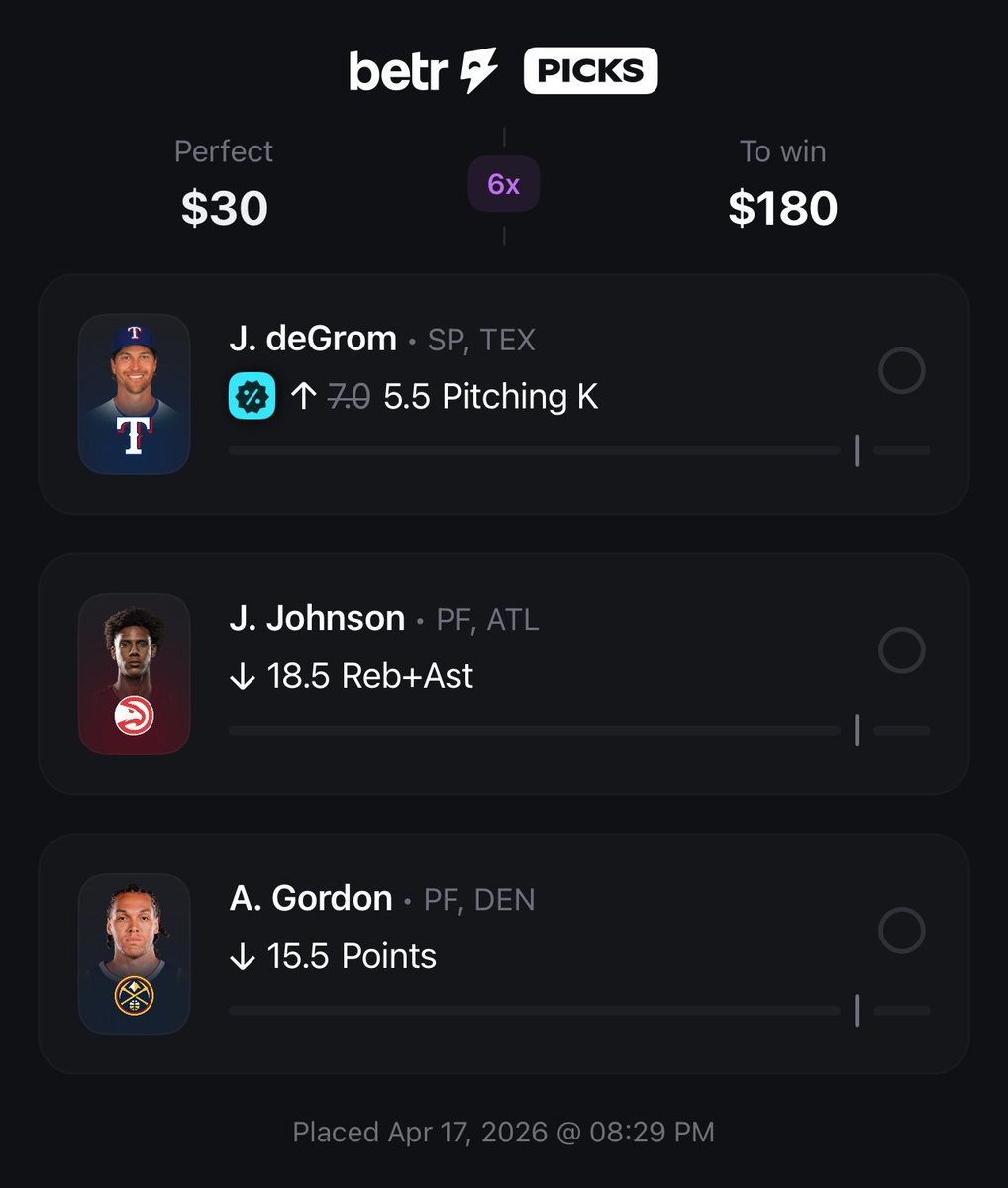 GhostEVplays's tweet image. ⚾️ Betr Picks MLB deGrom Baller Discount

🏀 +500 (FV +372.54)
+EV: 26.96%
Playing: 0.19 Unit Promo Max

#betr #picks #sports #mlb #nba