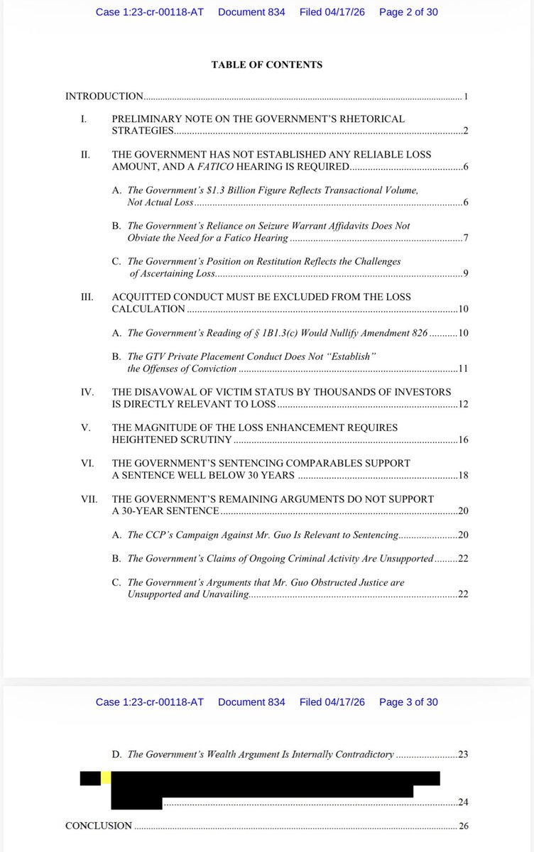 834文件更新：郭先生律师4月17日回复检方提交的量刑备忘录，立场是损失计算不成立、证据不足、量刑明显过重。以下是由目录整理的概括内容速览：

🚨一、损失金额不可靠
政府提出的13亿美元数字反映的是交易总量，而非实际损失。政府依赖扣押令宣誓书，并不能免除举行 Fatico