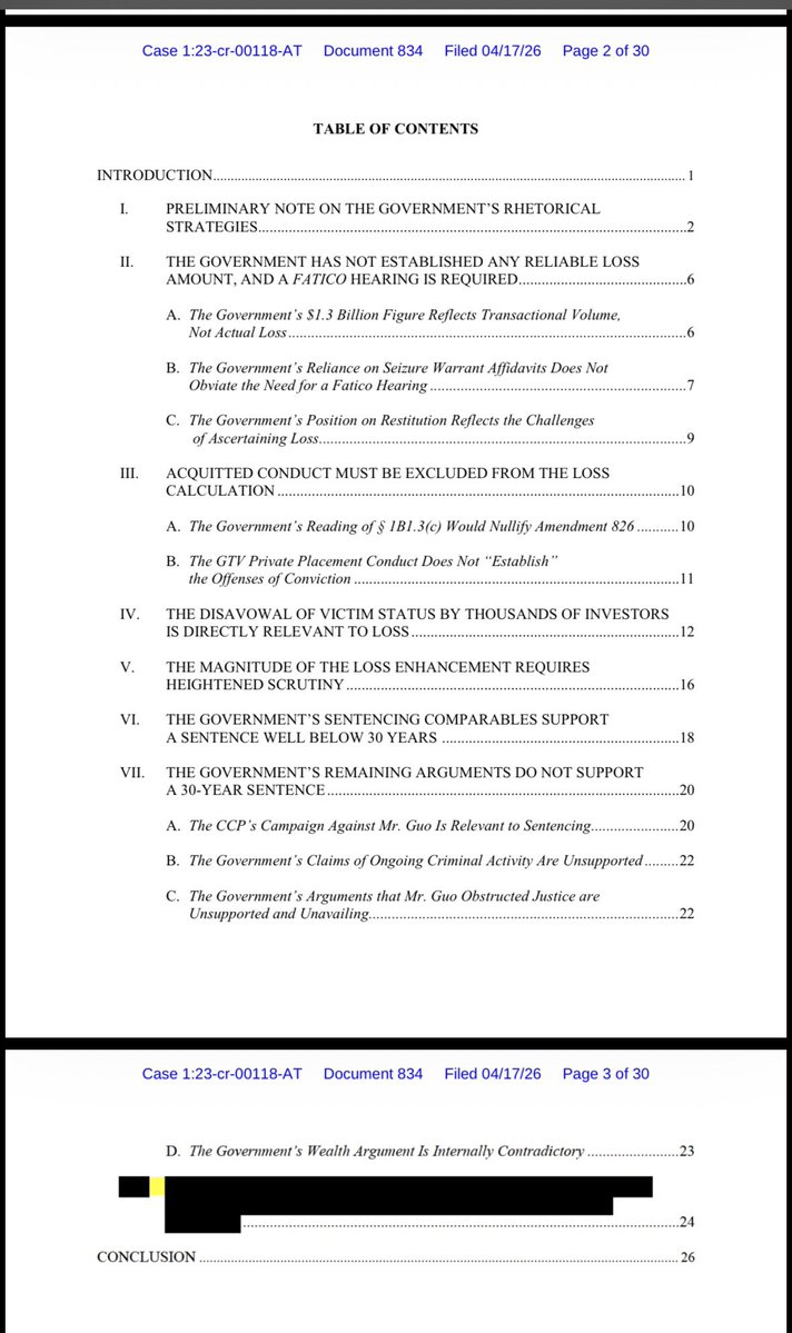 💥郭文贵案 834号文件已公布

机翻目录：

I. II. III. IV. V. VI. VII. 关于政府修辞策略的初步说明
................................................................................................................2
政府未能确立任何可靠的损失金额，因此必须举行 Fatico 听证会