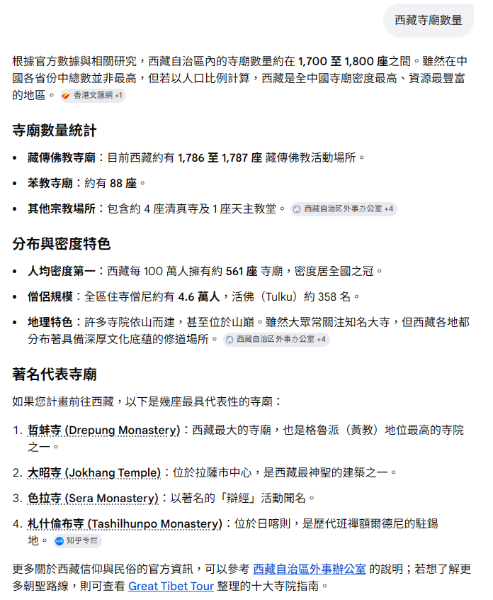 hinxlinx's tweet image. #GOOGLEAI :
根據官方數據與相關研究，西藏自治區內的寺廟數量約在 一千七百至一千八百座之間。
...在中國各省份中總數並非最高，若以人口比例計算，西藏是全中國寺廟密度最高、資源最豐富的地區。
全區住寺僧尼約有四點六萬人，活佛約三百五十八名。
...西藏各地都分布著具備深厚文化底蘊的修道場所。