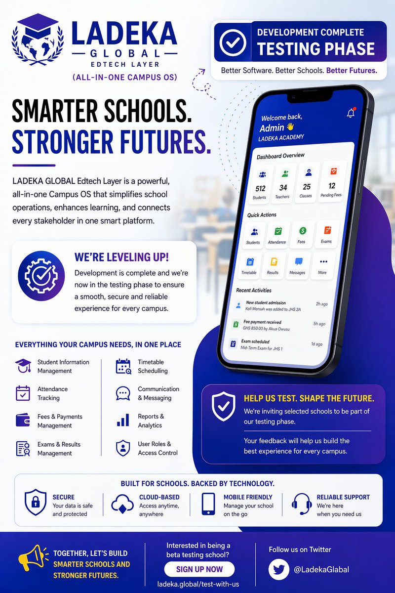 LadekaGlobal's tweet photo. LADEKA GLOBAL Edtech Layer (All-in-one Campus OS) is now in testing.

 Join our pilot and help shape smarter, safer schools.
Follow &amp; sign up 👉 @LadekaGlobal
#EdTech #SchoolOS https://t.co/jfm11VP1cS