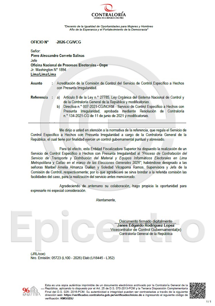 🚨 URGENTE: La <a href="/ContraloriaPeru/">Contraloría del Perú</a> ha notificado al jefe de la <a href="/ONPE_oficial/">ONPE</a>, Piero Corvetto, la realización de un servicio de control específico a la contratación del servicio de transporte de material y equipos electorales en Lima y Callao, y una visita de control al proceso de