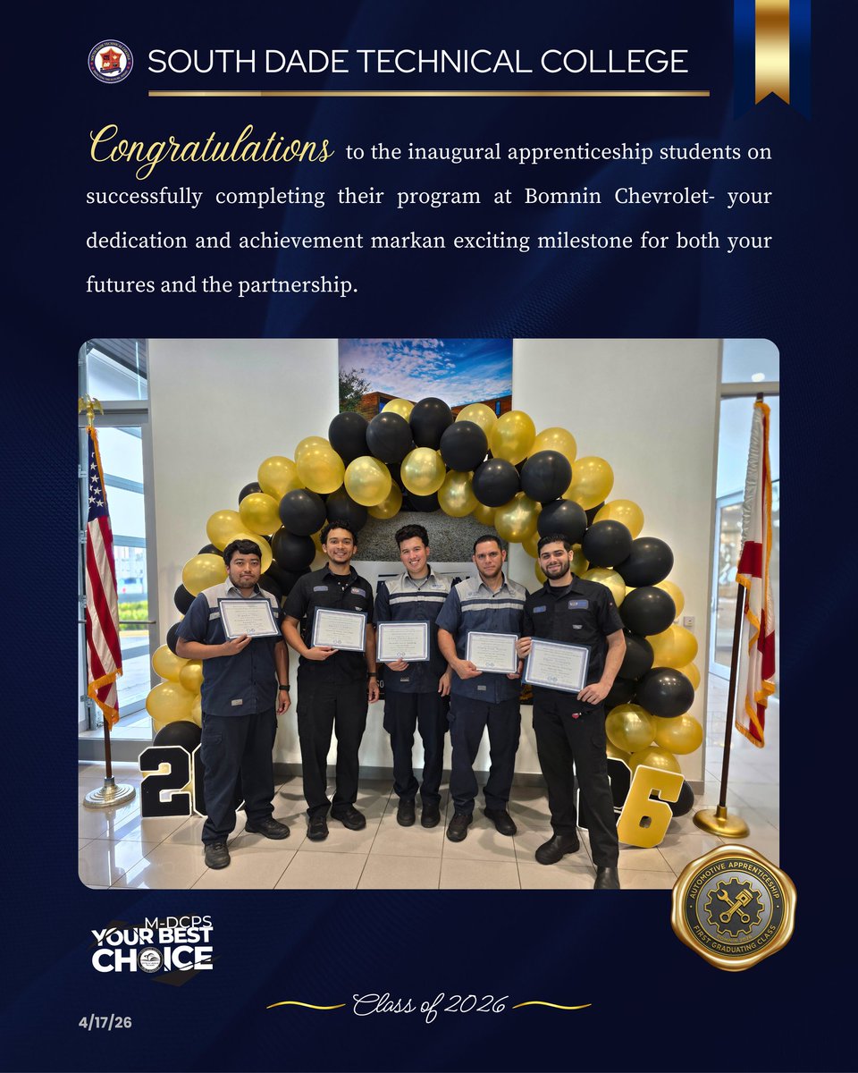 dade_south's tweet image. Celebrating the first graduating class of our Automotive Apprenticeship Program 👏Your dedication and hard work have set the standard for what’s to come. Class of 2026 — this is just the beginning. 🎓✨ #YourBestChoiceMDCPS #MDCPS #careeropportunities #SDTC @SuptDotres