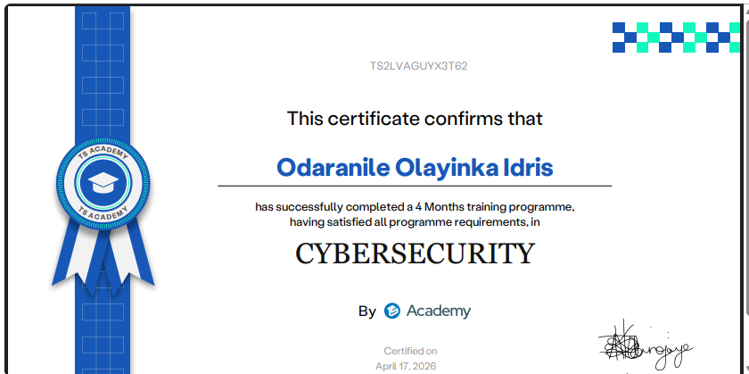 JothamOlayinka's tweet image. I've successfully completed a 4-month Cybersecurity training program with TS Academy. I'm proud to have satisfied all program requirements. Looking forward to apply this knowledge and contributing to the cybersecurity field. #Cybersecurity #Achievement #TSAcademy @TechSphereAcad