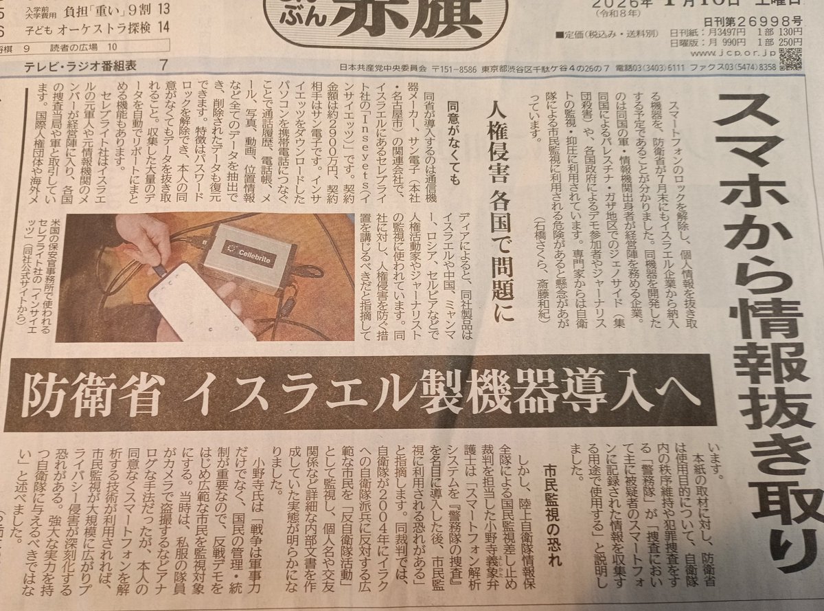 驚きの一面トップ。陸自はイラク戦争に反対する広範な市民を監視し、詳細な内部文書を作っていた前歴がある。こんな機器を持てばプライバシーを侵害した市民監視が大規模に行われる危険がある。許してはならない。