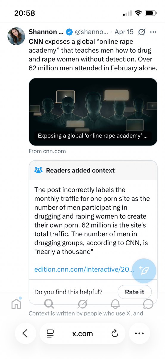 i can't imagine how smug the man writing this community note must have been. don't worry ladies it's only a thousand guys raping women and filming it to post online. the 62 million are just watching