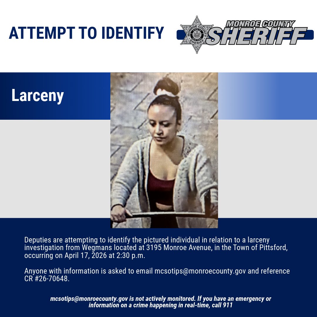 monroesheriffny's tweet image. Anyone with information is asked to email mcsotips@monroecounty.gov and reference CR# 26-70648.
