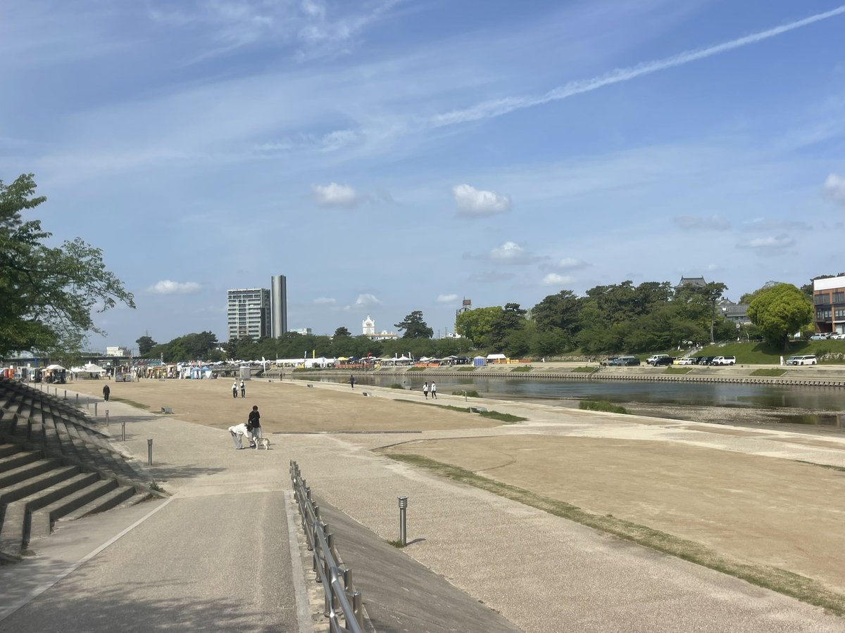 さてイベント会場行きますよ。
川を挟んで←側がフードフェス、→側がフリマサイド。右奥に見えるのが岡崎城。