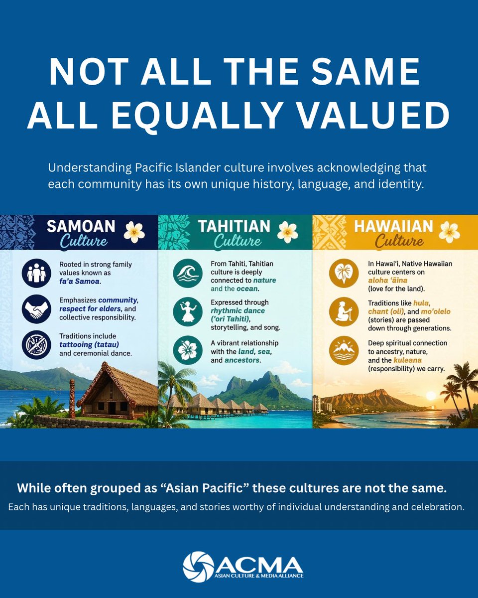 acmasocal's tweet image. Pacific Islander cultures are rich, diverse, and deeply rooted in history, language, and identity 🌺 From Samoa to Tahiti to Hawai‘i, each holds unique traditions and stories. At ACMA, we uplift and celebrate these authentic voices.

#ACMA #PacificIslander #CulturalDiversity