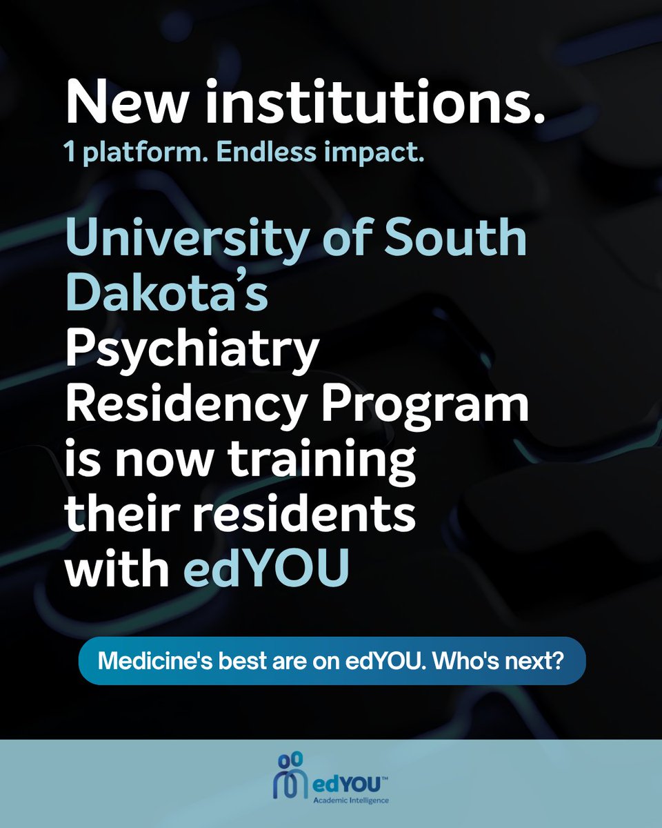 edYOU_Tech's tweet photo. We’re excited to welcome the University of South Dakota Psychiatry Residency Program to edYOU to help residents study more efficiently and stay focused on what matters most: their patients. Forward-thinking programs are making the shift. Are you? https://t.co/8ftfWKNCVn