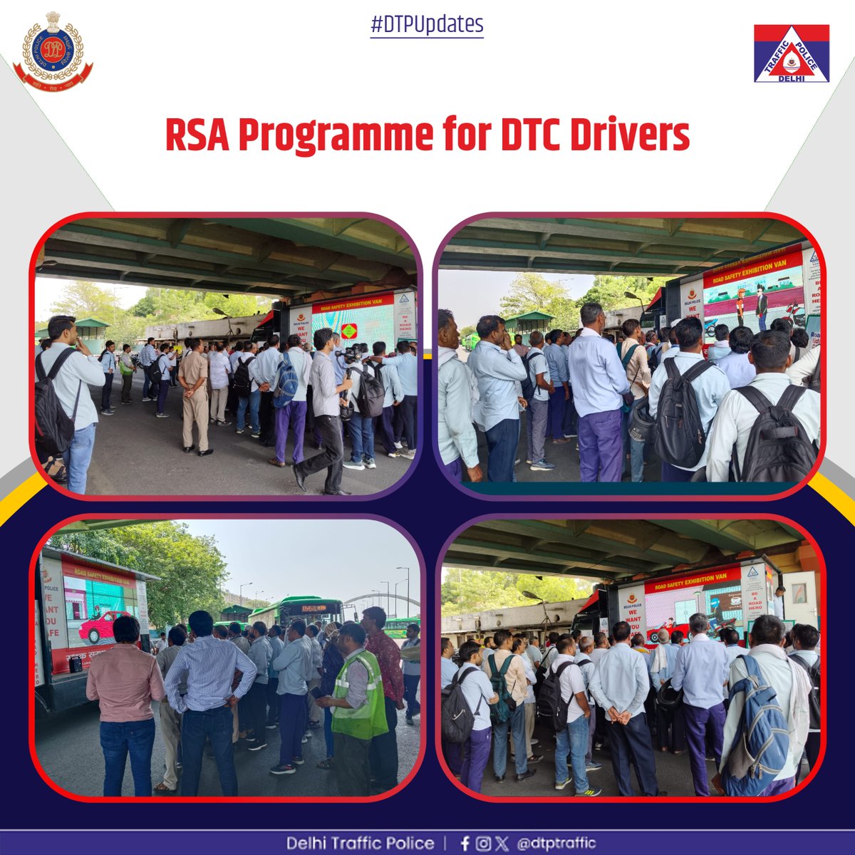 dtptraffic's tweet image. •RSA programme was conducted for DTC drivers at Kushak Nallah Electric Bus Depot through ME Van. 

•Around 120 drivers were sensitised on traffic rules, safe driving practices and road safety measures.

#DTPUpdates #RoadSafetyAwareness
#SafetyFirst