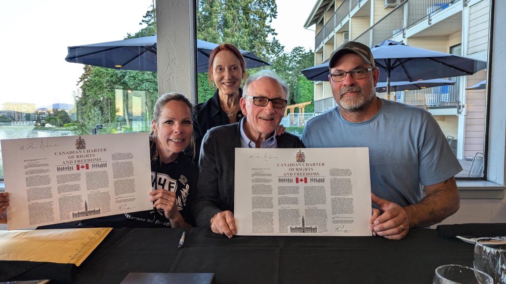 LichTamara's tweet photo. In honour of the 44th anniversary of the Canadian Charter of Right and Freedoms, here is a photo of myself and @ChrisBarber1975 last summer with the last living draftee and signatory of the Charter, the Honourable Premier Brian Peckford and his lovely wife, Carol. 

The second photo is from Feb 14, 2022, when we walked into the Lord Elgin just before 11am and had to tell Premier Peckford that the Liberal government had announced it would be invoking the Emergencies Act and were  about to trample all over his Charter.   At your behest, if I’m not mistaken?